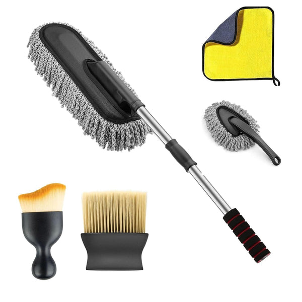 5 PCS Macicrofiber Car Duster Kit Interior & Exterior Car Cleaning Detailing Tool Scratch & Lint Free, Pollen Removing Extendable Long Handle Duster for Car & Motorcycle car (Car Duster Kit)